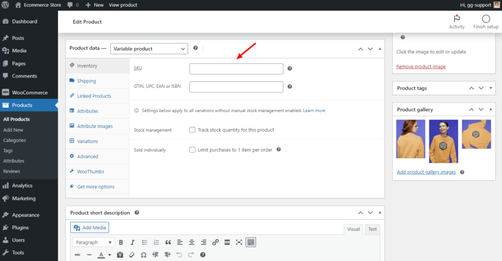 woocommerce sku code field
