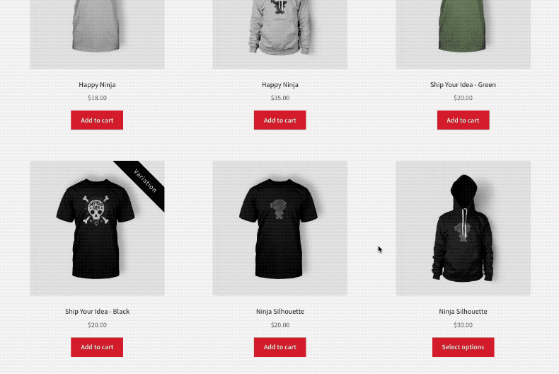 variations on the shop page woocommerce