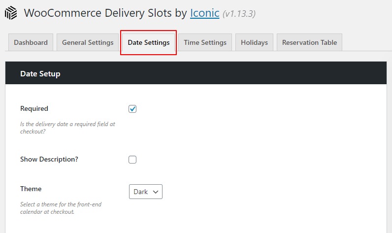 Date settings for delivery slots