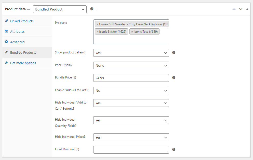 bundled product settings