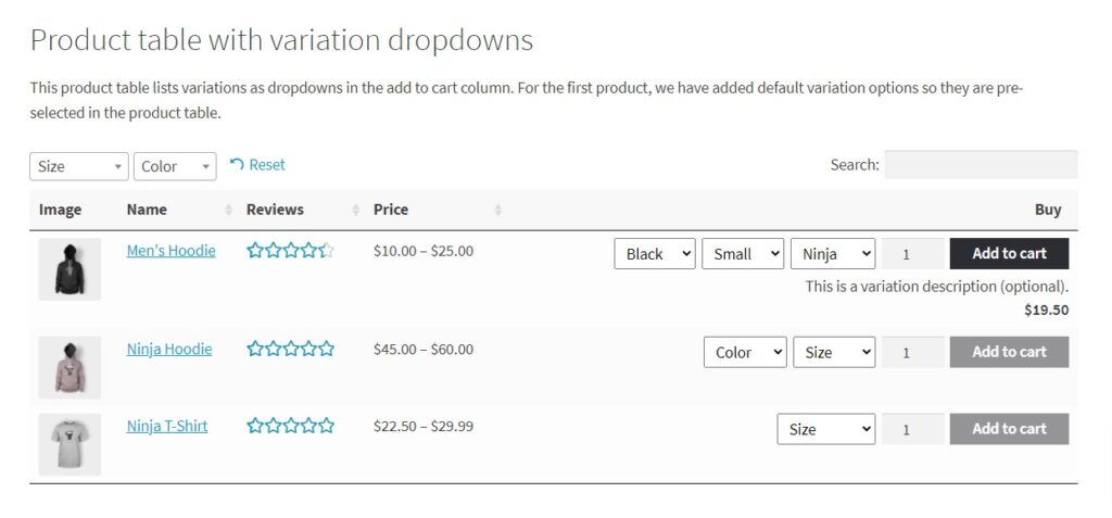 product table with dropdowns