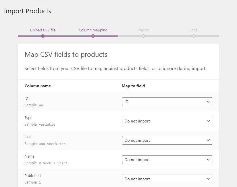 import products map to field