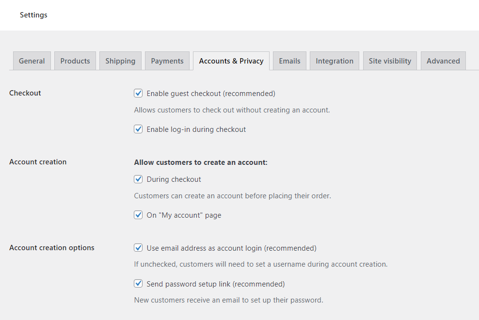 woocommerce account creation settings
