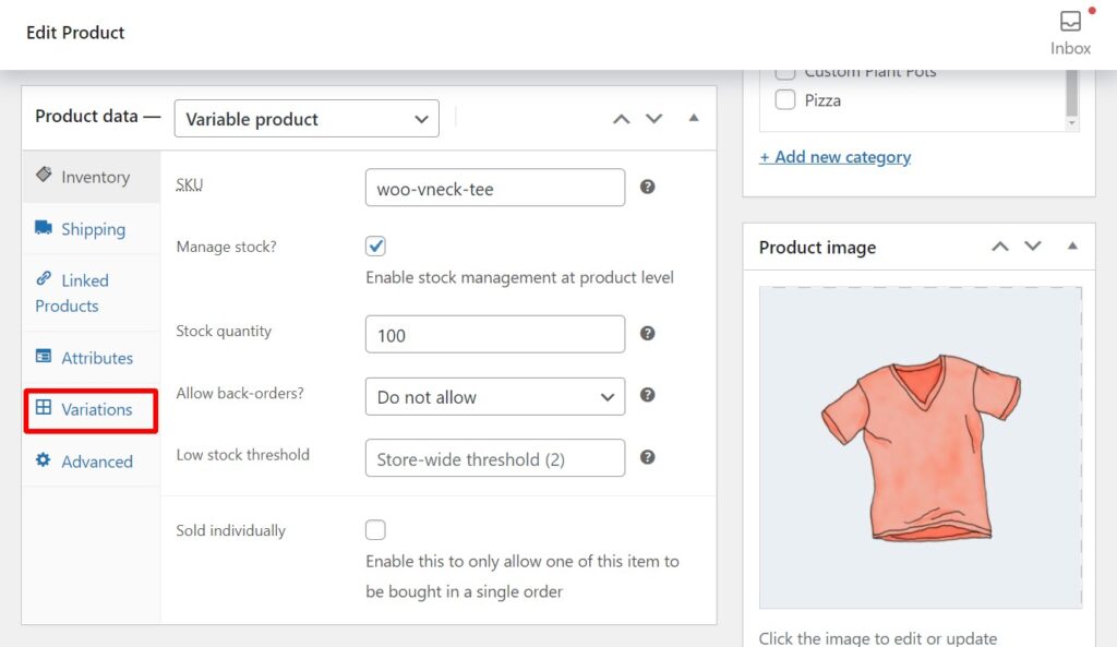 variations tab edit product page