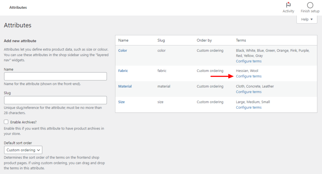 configure attribute terms