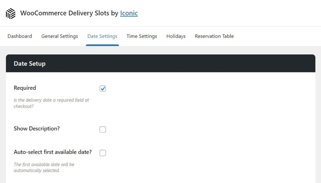 delivery date settings tab