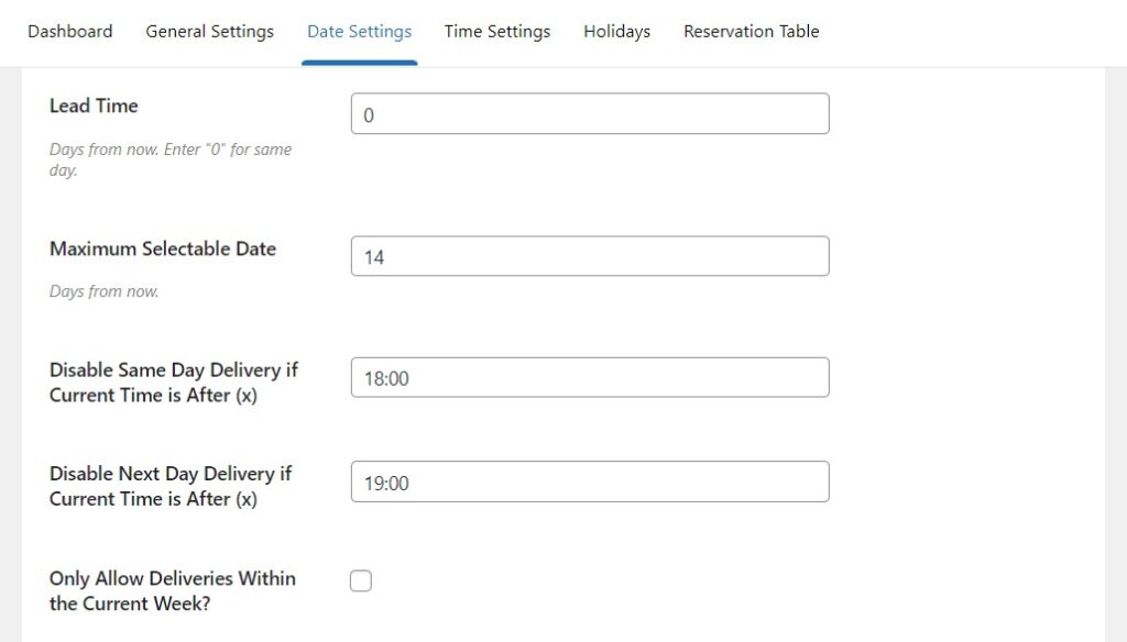 delivery date settings woocommerce