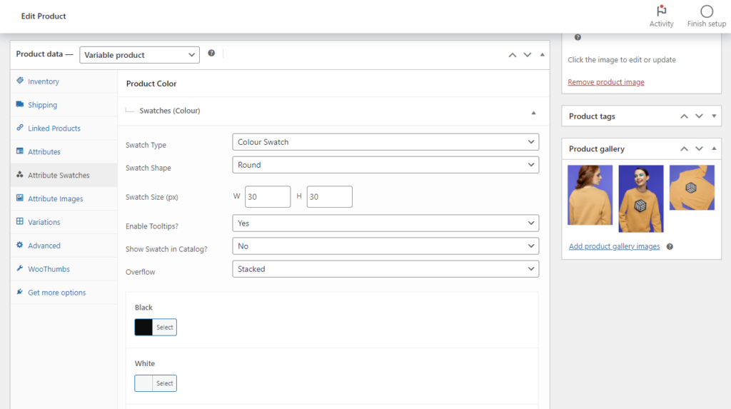 variation swatches individual product