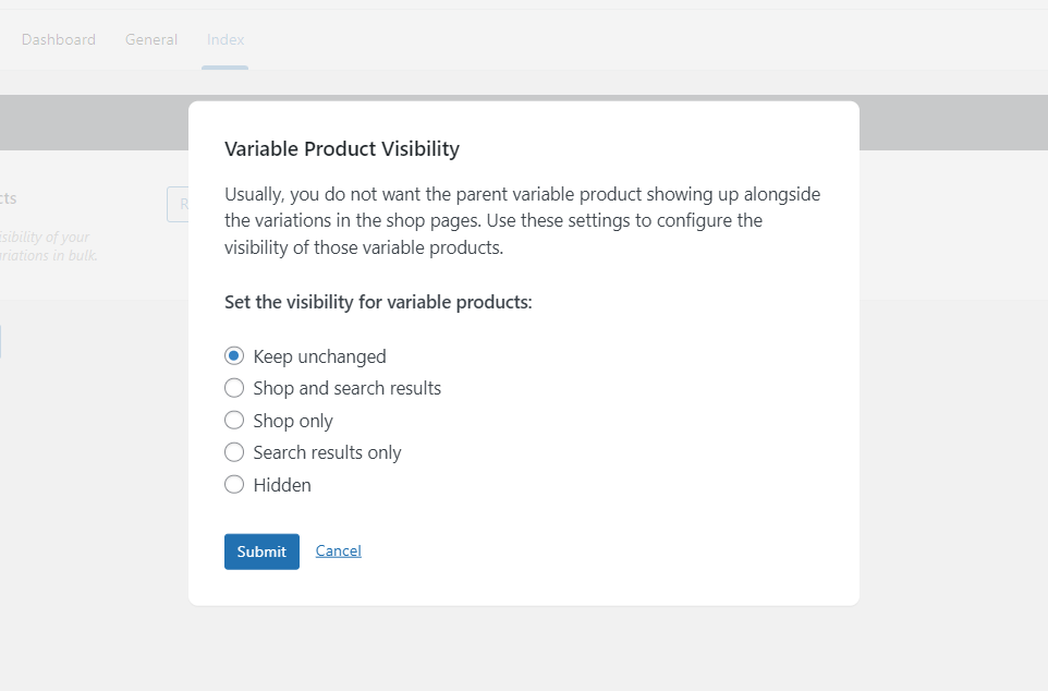 parent product visibility show single variations