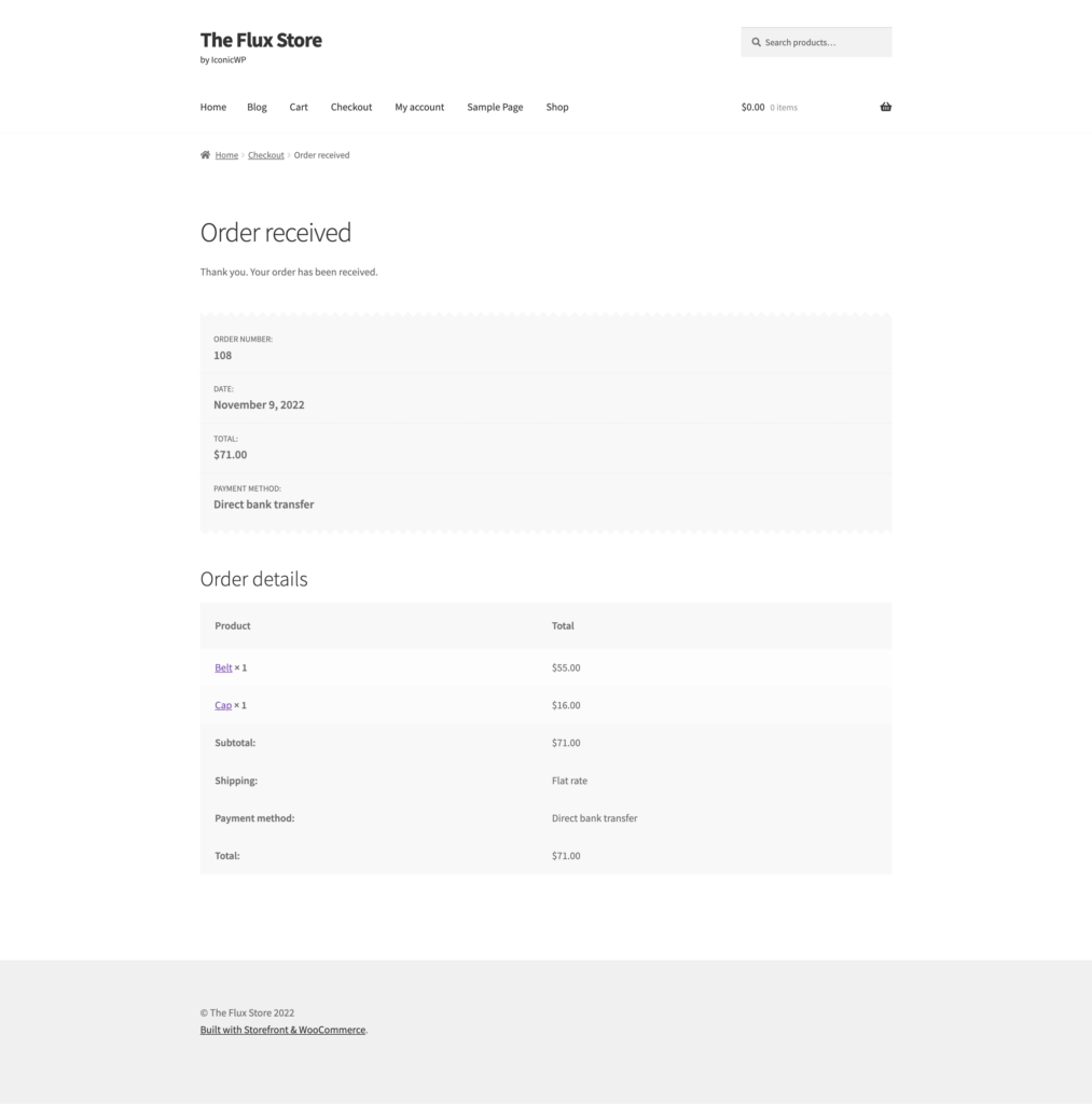 default woocommerce thank you page