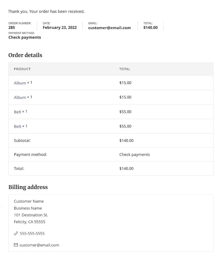 default WooCommerce order confirmation page