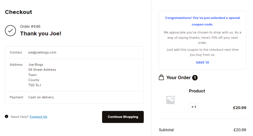 coupon code order confirmation page