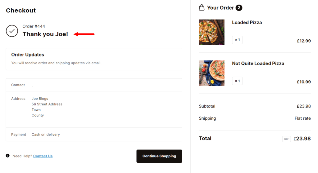 order confirmation page messaging
