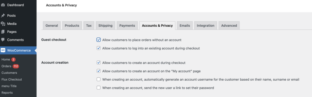 account settings for checkout woocommerce