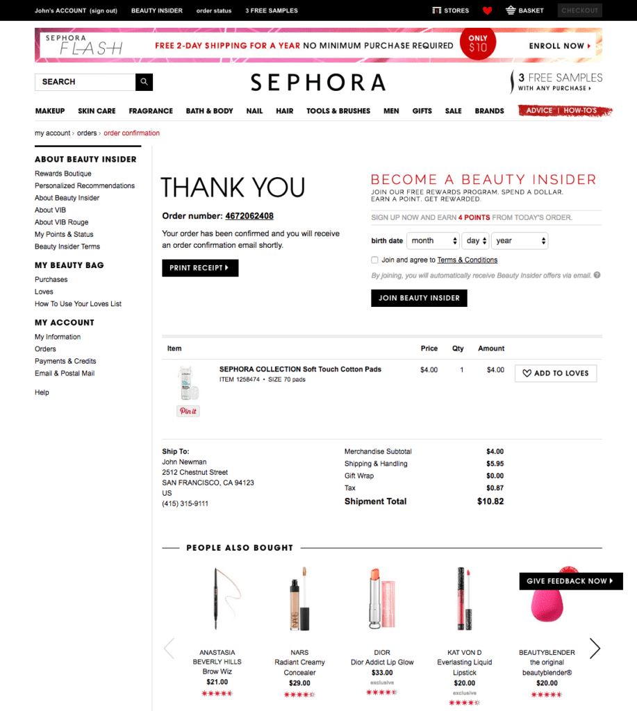 sephora order confirmation page