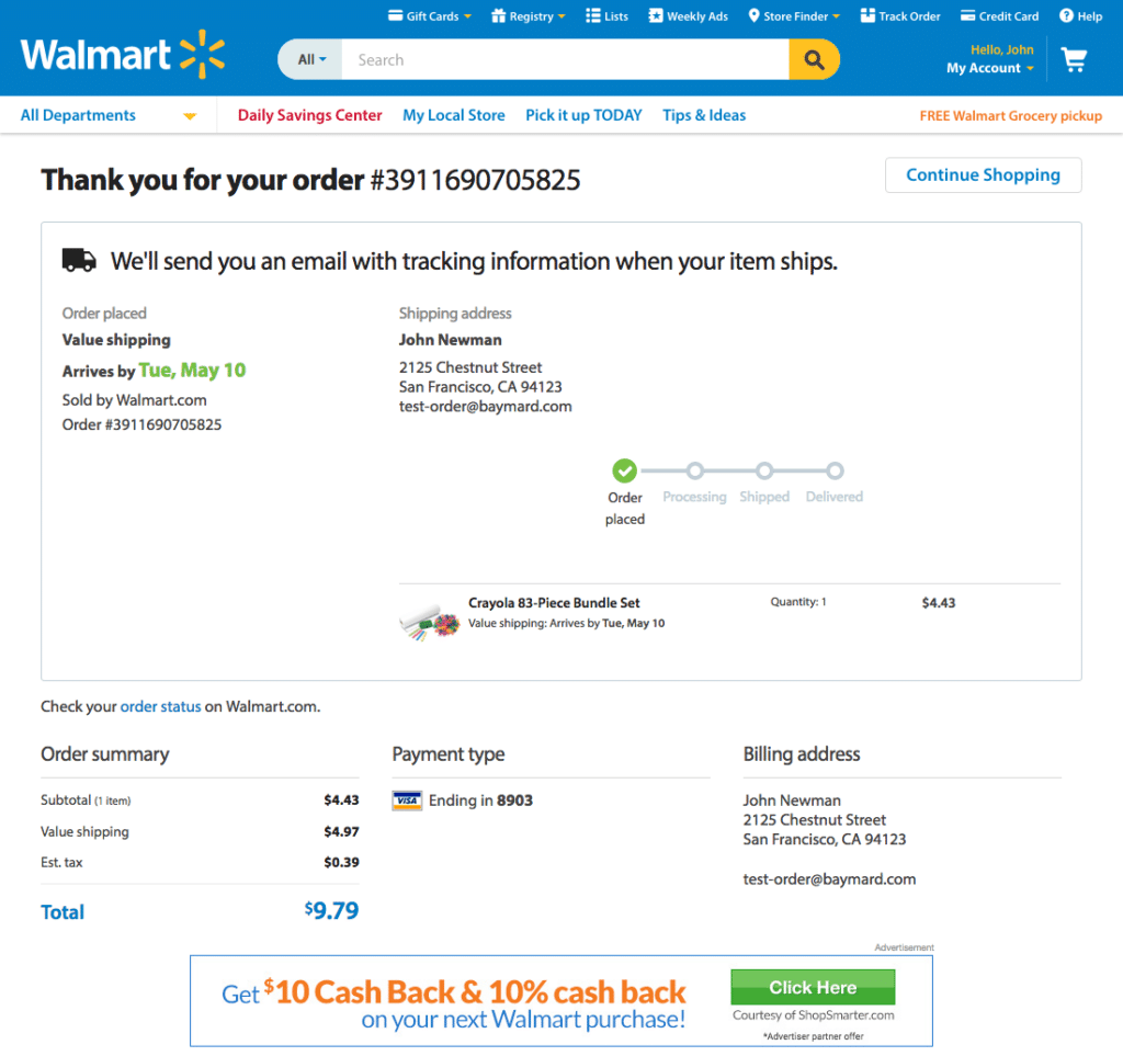 Walmart thank you for your order page