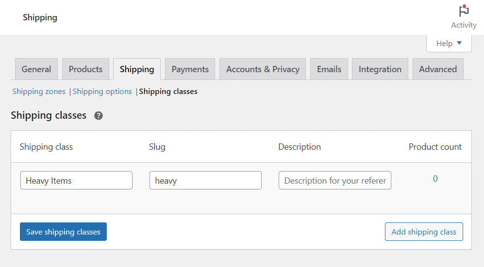 create a woocommerce shipping class