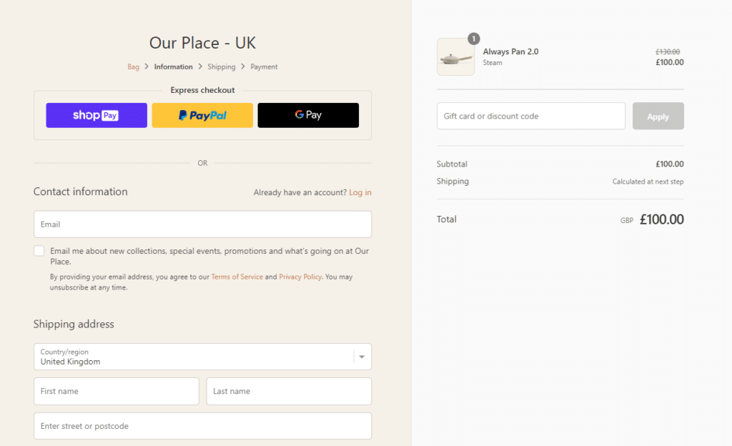 our place checkout page example