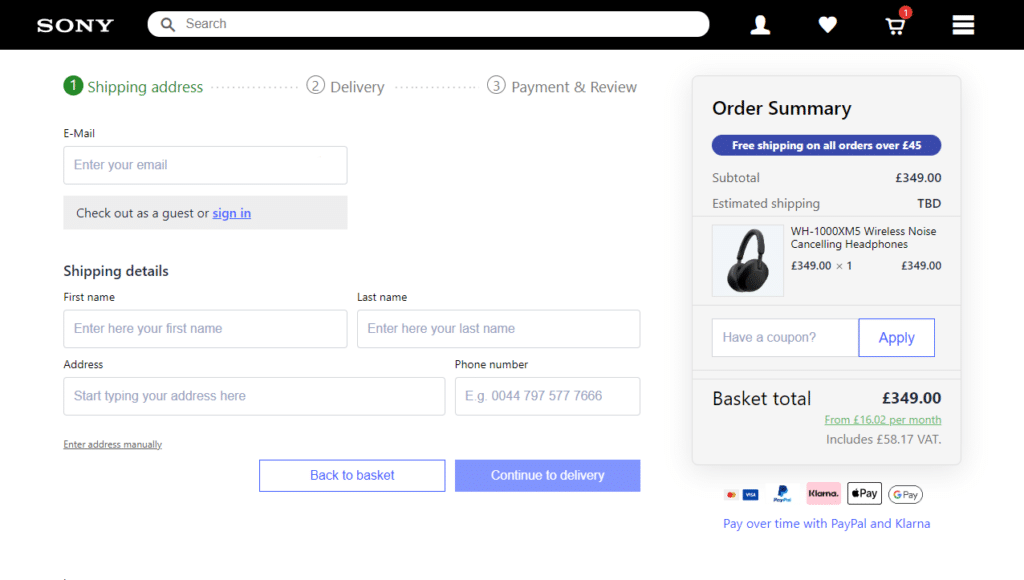 sony checkout page example