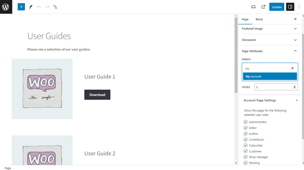 select parent page my account area