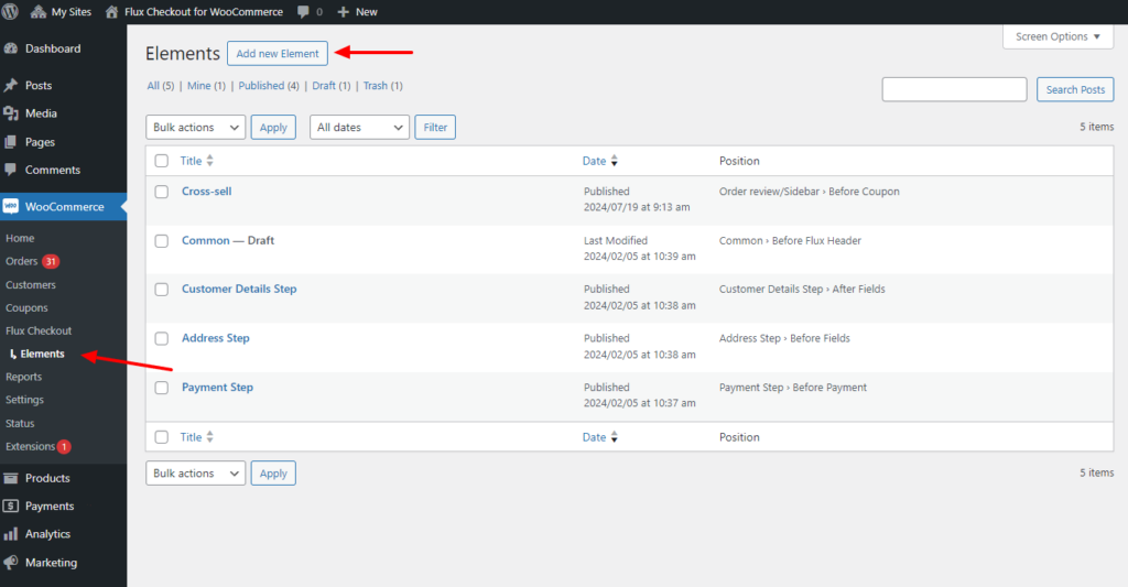add new element flux checkout
