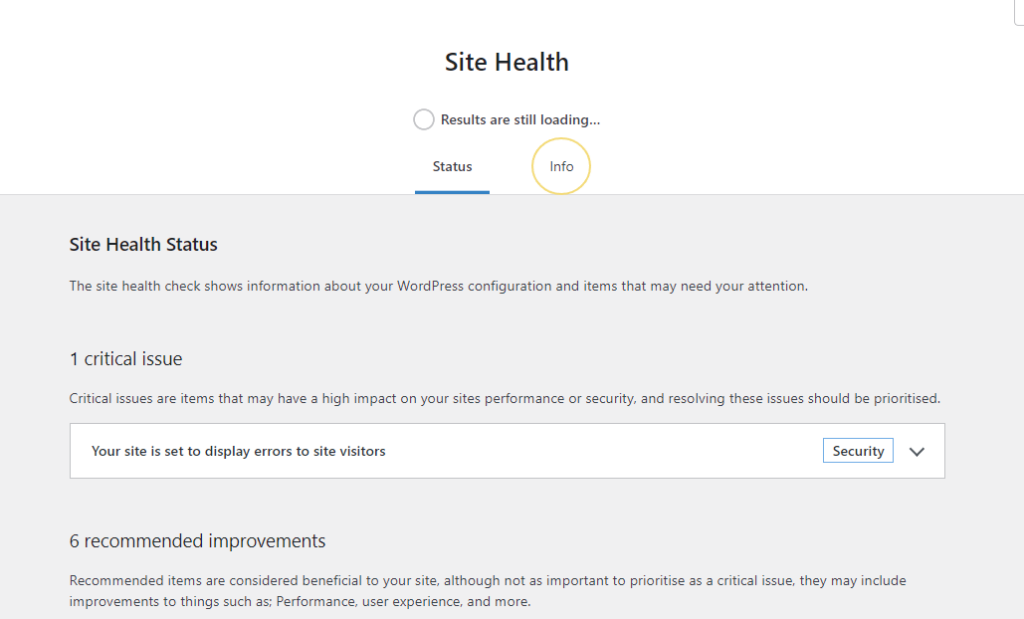 site health info tab