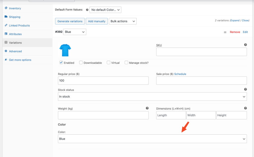 Edit custom fields value for a variatio