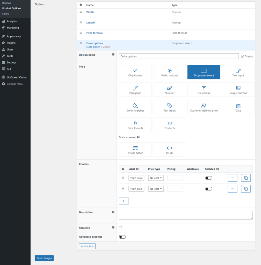 extra product options