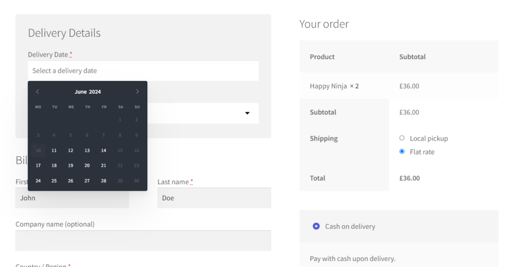 delivery date at the checkout woocommerce