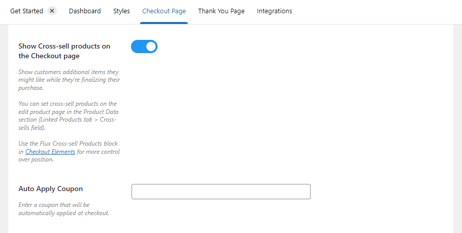 flux checkout setting cross sells