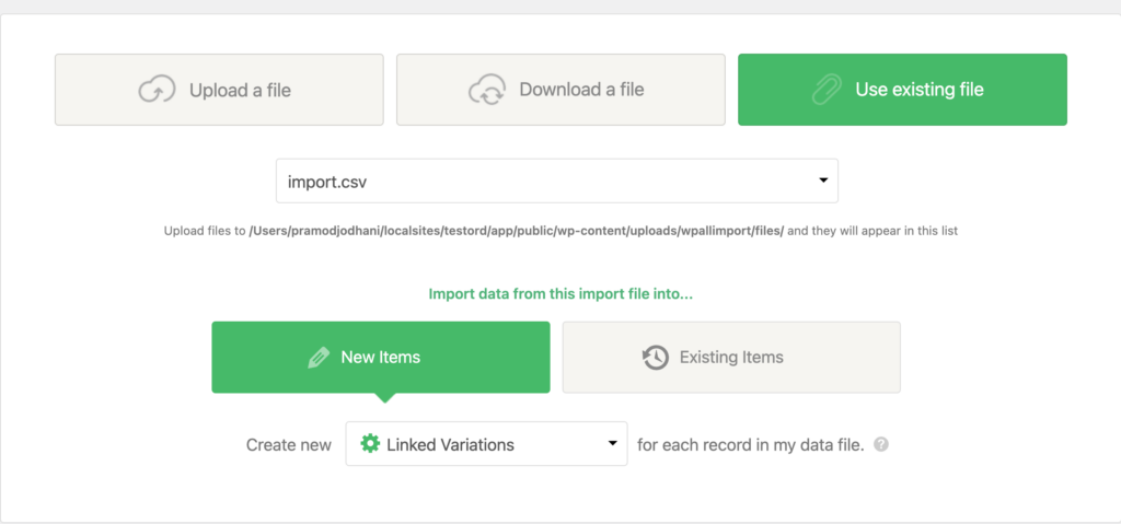 Import linked variation in WP All Import interface