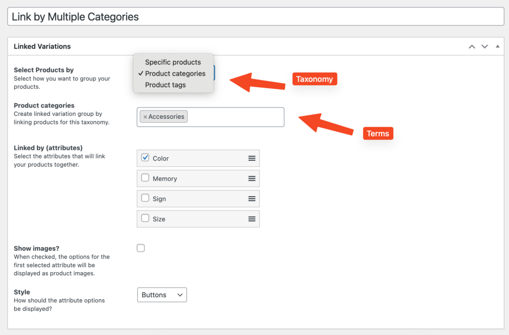 Iconic Linked Variations: group products together by selecting taxonomy (product category, tags etc).