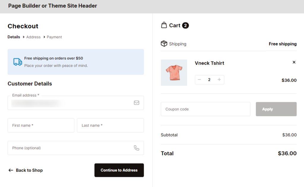 page builder header footer flux checkout