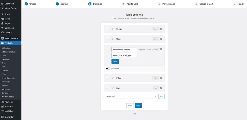 Select table columns product table