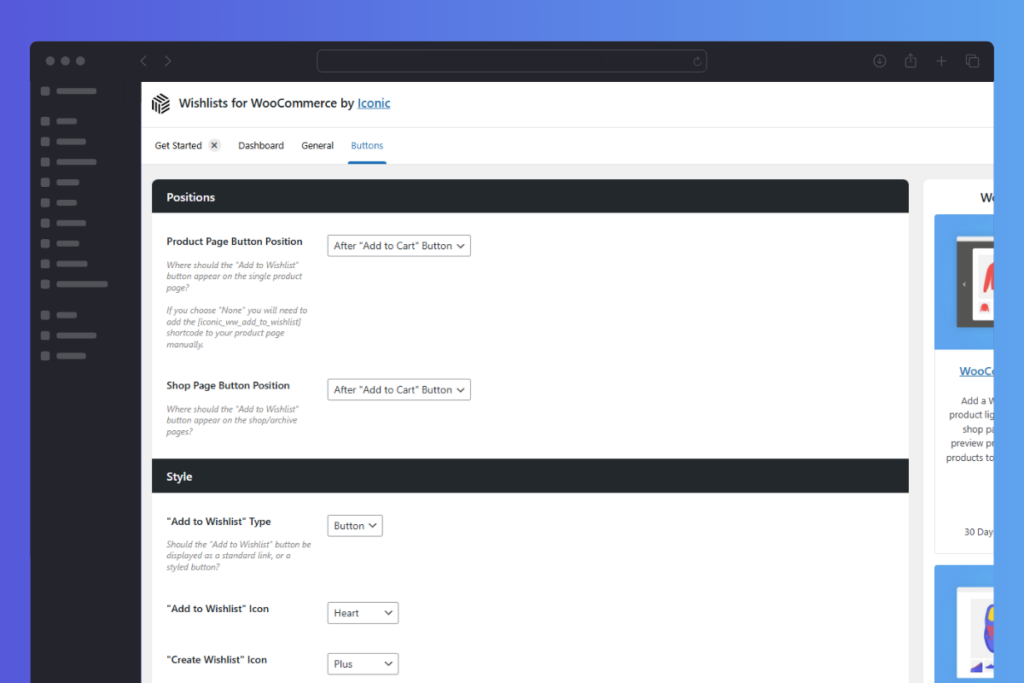 Wishlists for WooCommerce Button Settings