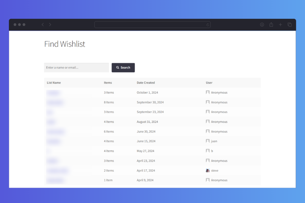 Wishlists for WooCommerce Find Wishlist