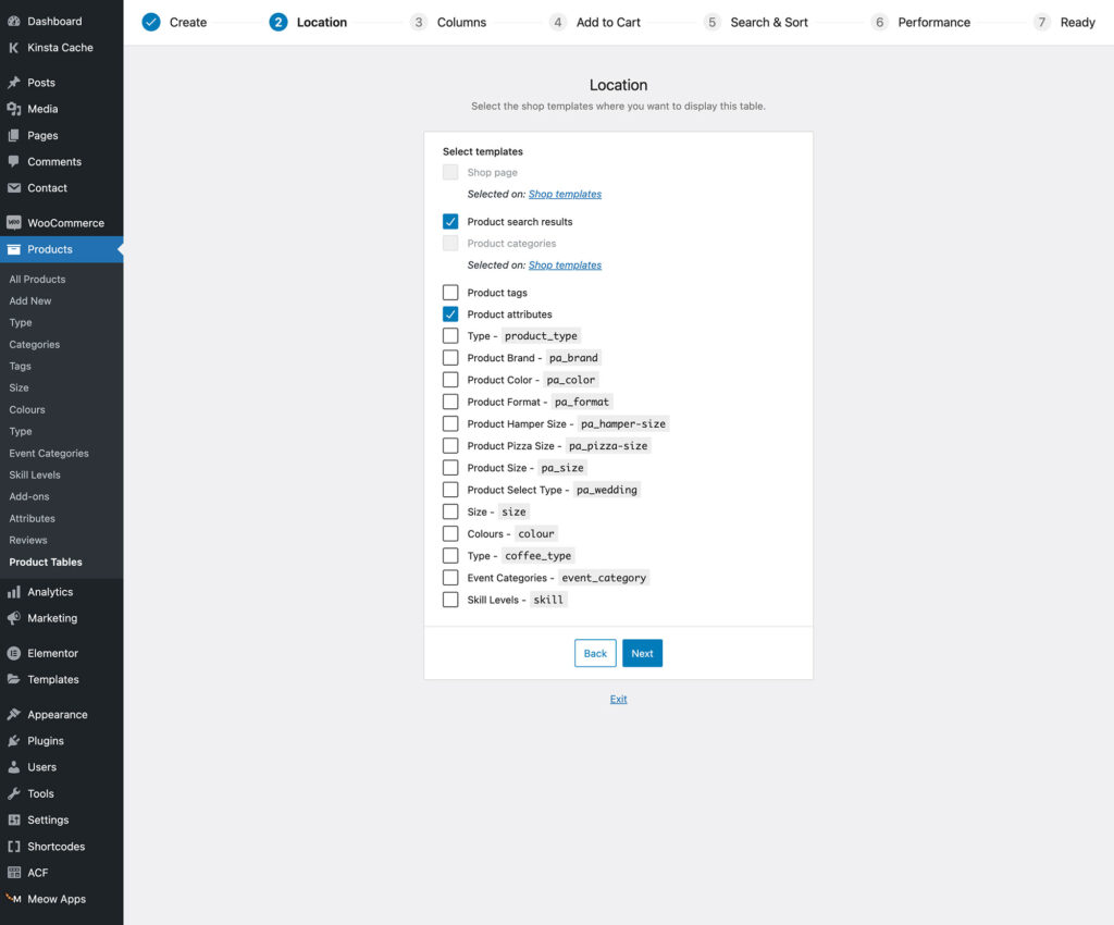 product table with variation custom fields