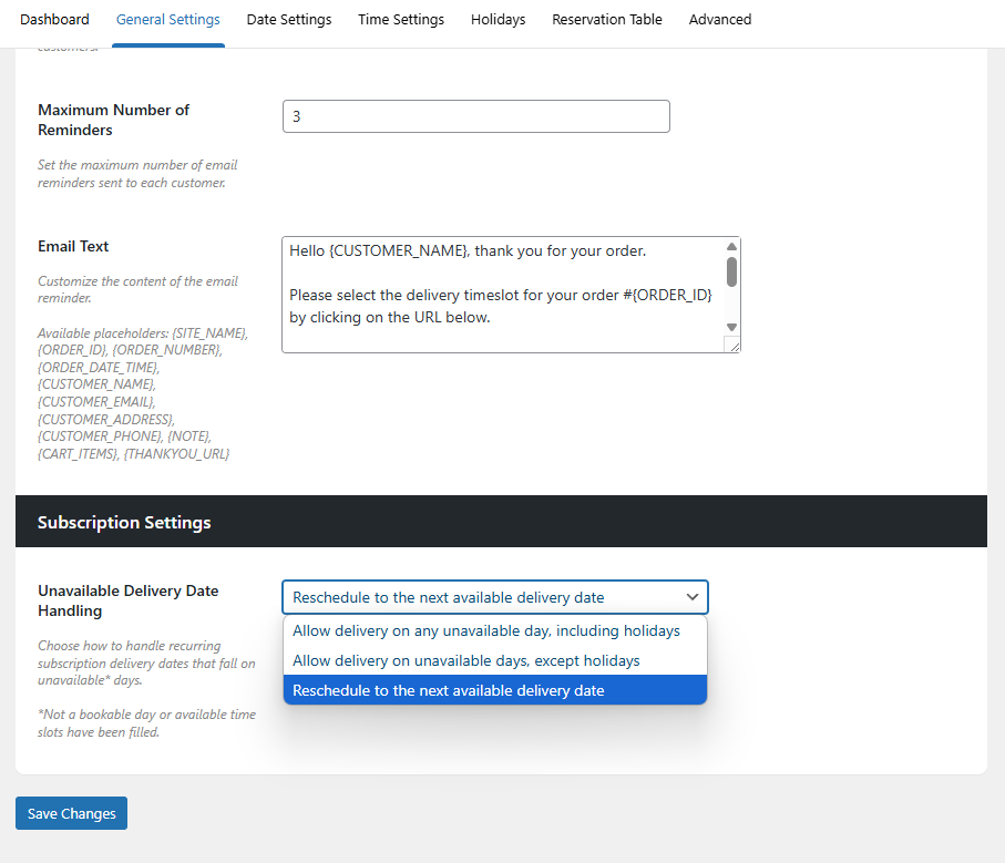 subscription settings delivery slots